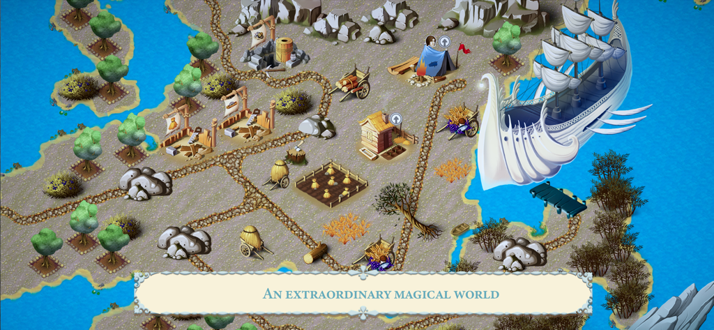 Royal Roads 2 - Top down view of Royal Roads 2 gameplay featuring a large white ship and resource buildings in a magical world.