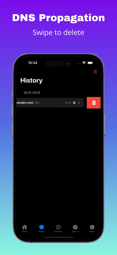 Écran d'historique de l'application DNS Propagation montrant les recherches de domaine précédentes avec une fonction glisser pour supprimer