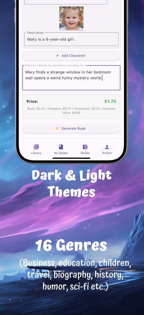 AI Book Generator - Interface of the AI Book Generator app showing character customization with a story prompt and genre selection
