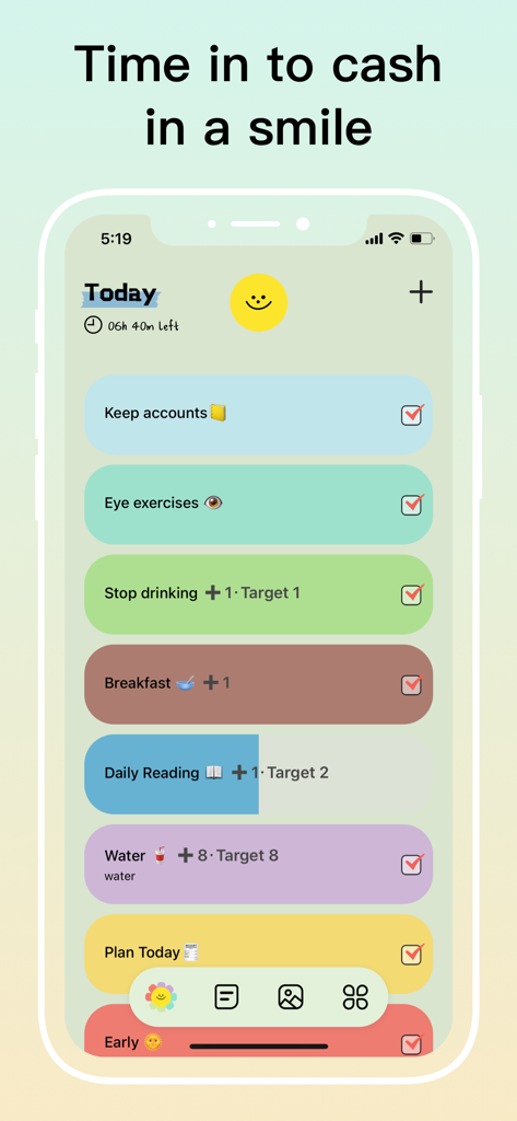 Smile Todo - Time Management - Interface esthétique de liste de contrôle quotidienne de l'application Smile Todo avec des blocs de tâches colorés et un smiley jaune