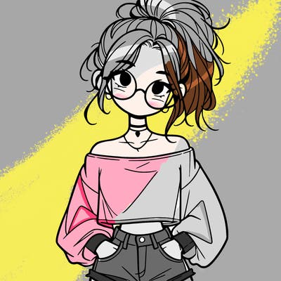 girl with a messy ponytail glasses a baggy crop top and jean shorts