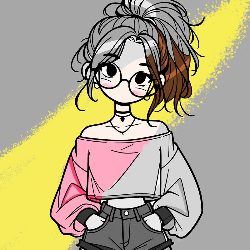 girl with a messy ponytail glasses a baggy crop top and jean shorts