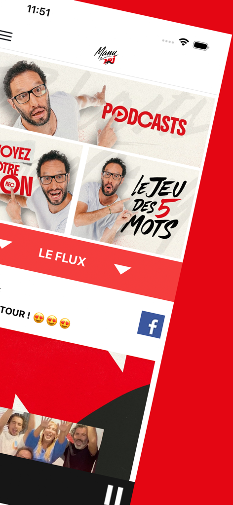 Manu sur NRJ - Écran d'accueil de l'application mobile Manu sur NRJ montrant les catégories podcasts et jeux.