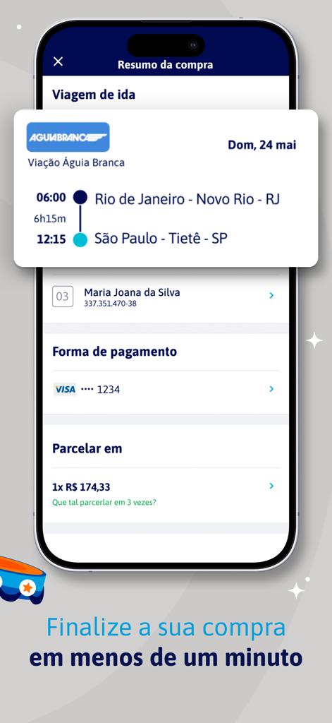 Buson: Passagens de ônibus - Purchase summary screen of the Buson app for a bus trip from Rio de Janeiro to Sao Paulo