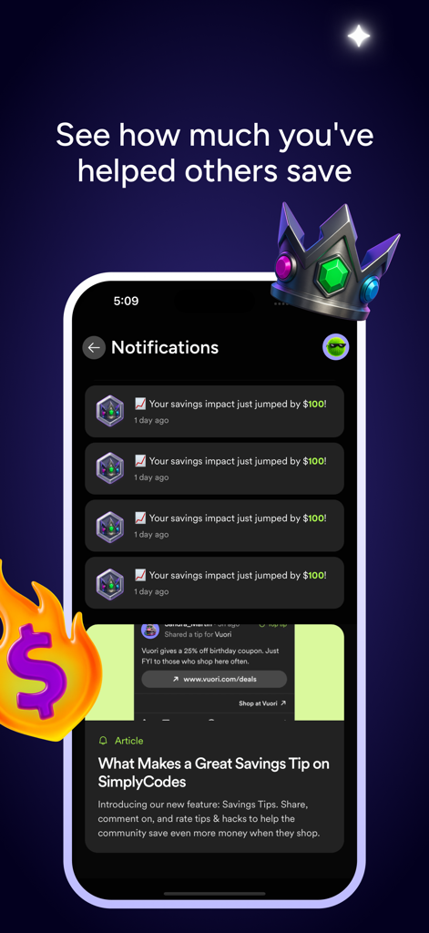 SimplyCodes: Coupons & Rewards - SimplyCodes app notification screen showing community savings impact and tips