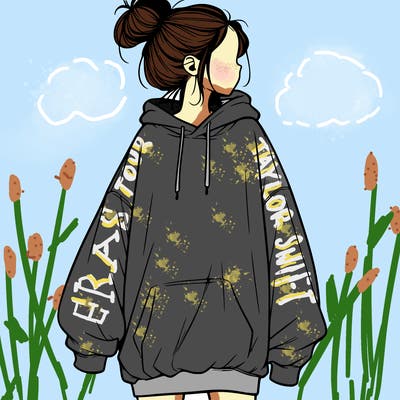 realistic girl with a oversized sweatshirt on and a bun