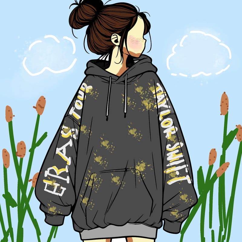 realistic girl with a oversized sweatshirt on and a bun