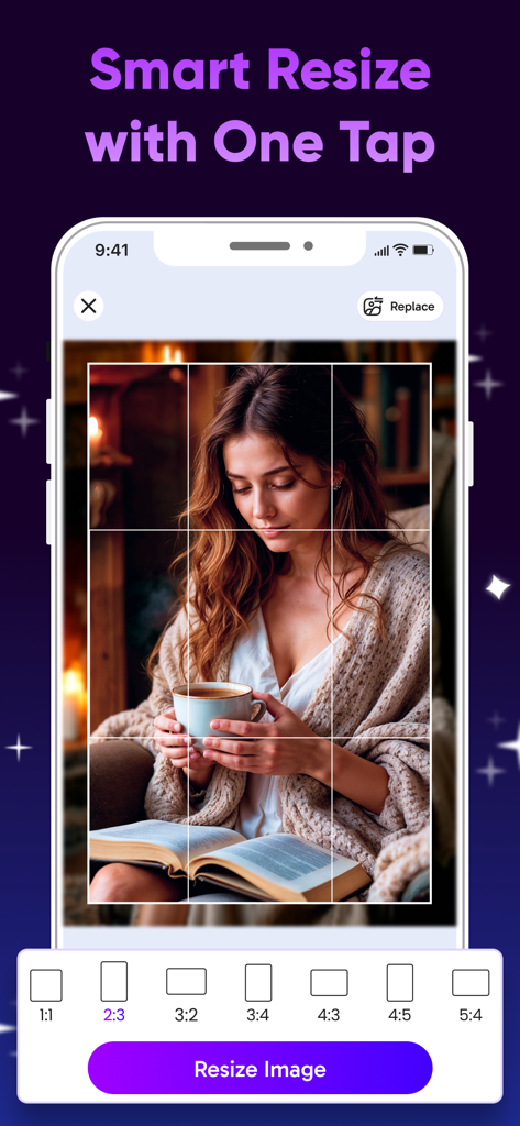 AI Photo Enhancer : Photo App - Interfaz de la aplicación Mejorador de Fotos con IA mostrando la función de redimensionamiento inteligente con opciones de relación de aspecto en un solo toque