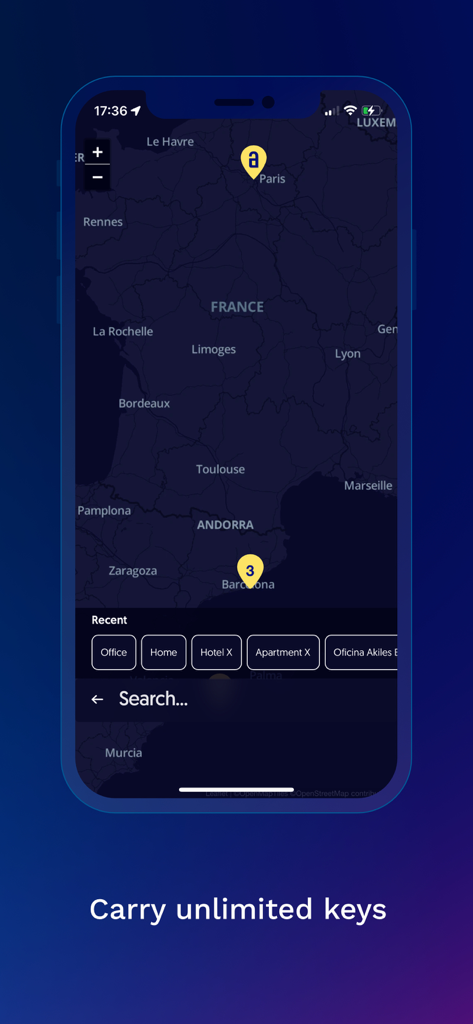 Smartphone screen showing Akiles app map interface with pins for different digital keys.