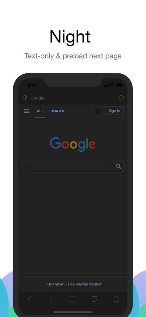 Alook Browser - 8x Speed - Alook Browser interface in night mode with dark theme and text only browsing