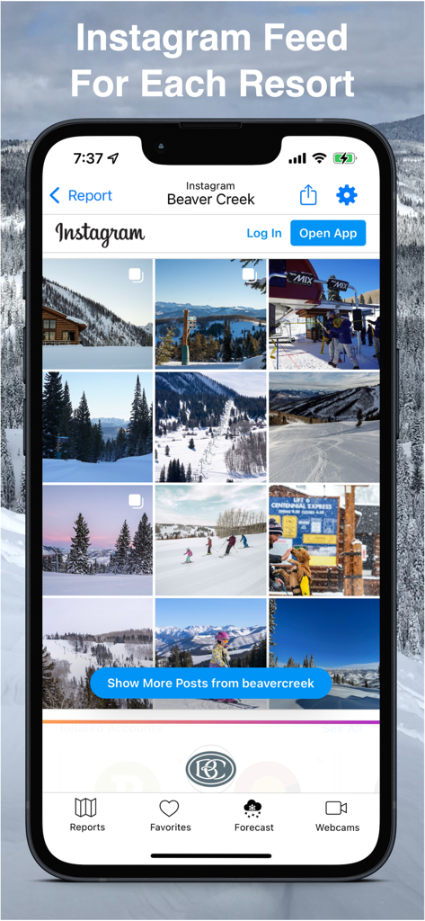 Colorado Snow Map & Webcams - Smartphone screen showing the Instagram feed for Beaver Creek resort within the Colorado Snow Map app.