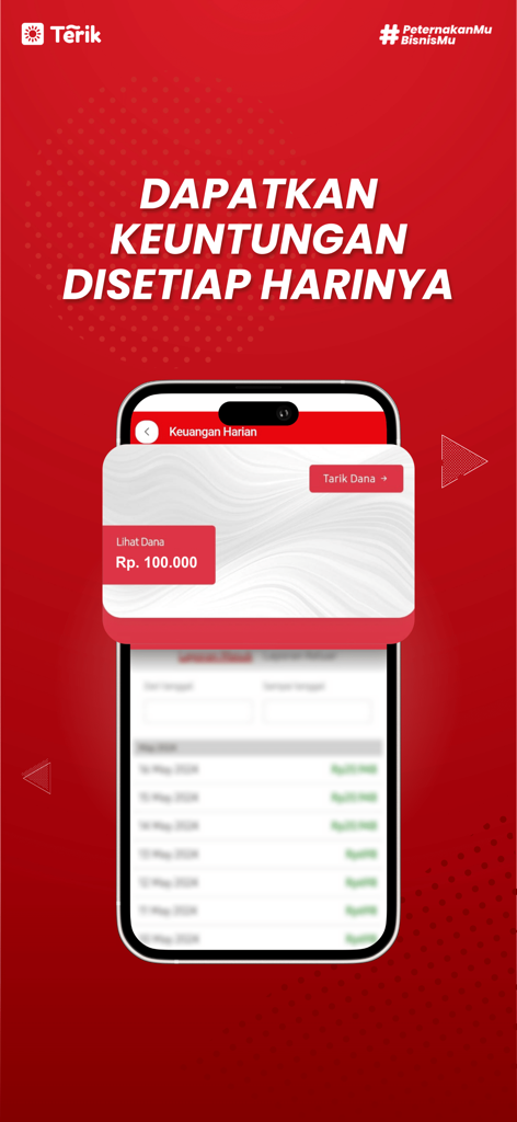 Terik - Smartphone interface of the Terik app showing daily earnings and a withdrawal button.