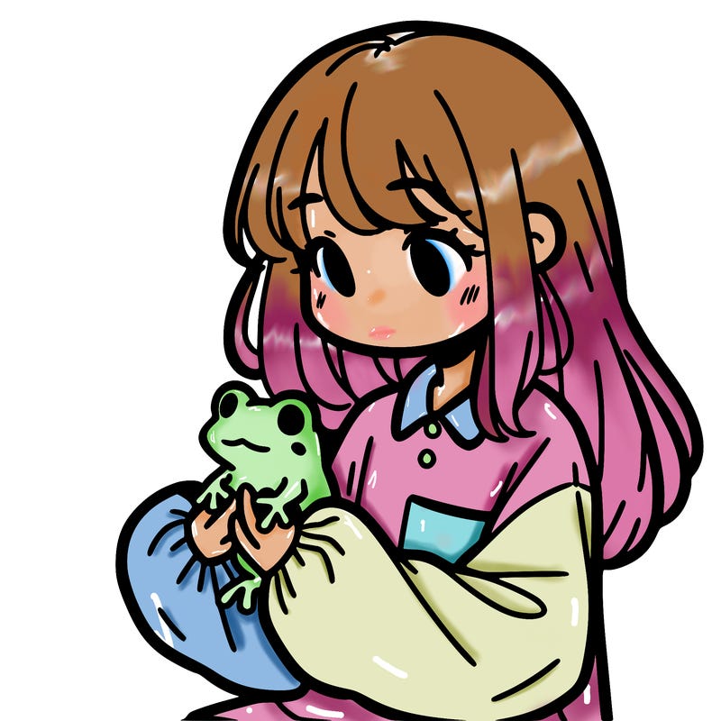 girl with long hair and a oversized shirt. and she is holding a frog