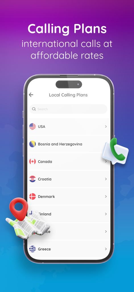 Numero eSIM app interface showing a list of international local calling plans for various countries including USA Canada and Denmark