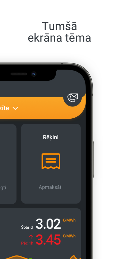 Elektrum Latvija - Dashboard der mobilen Elektrum Latvija App im Dunkelmodus mit bezahlten Rechnungen und Strommarktpreisen in Echtzeit