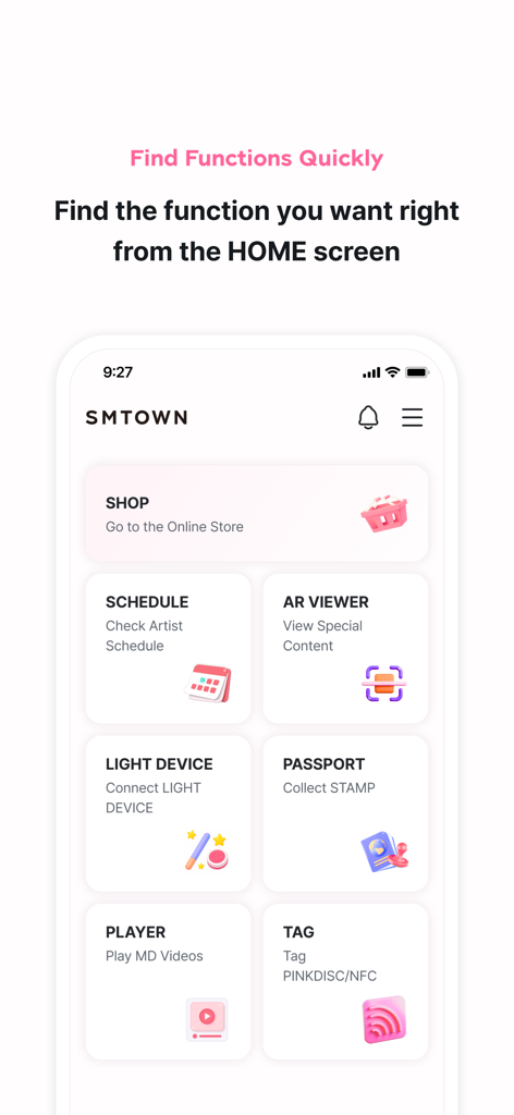 SMTOWN official app home screen displaying menu icons for shop, schedule, AR viewer, and light device functions.