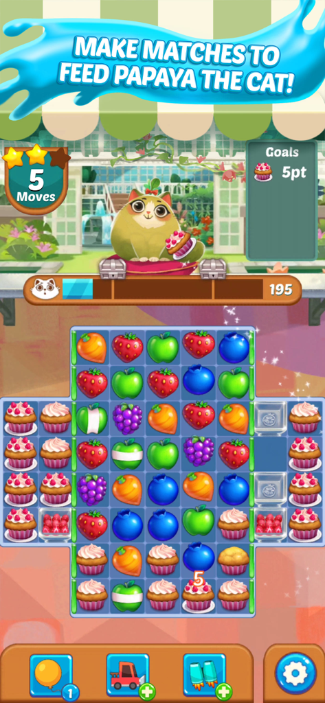 Juice Jam! Match 3 Puzzle Game - Match 3 gameplay in Juice Jam showing fruit puzzles to feed Papaya the cat.