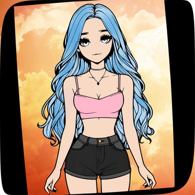 a realistic girl with long hair and in a crop top and shprts