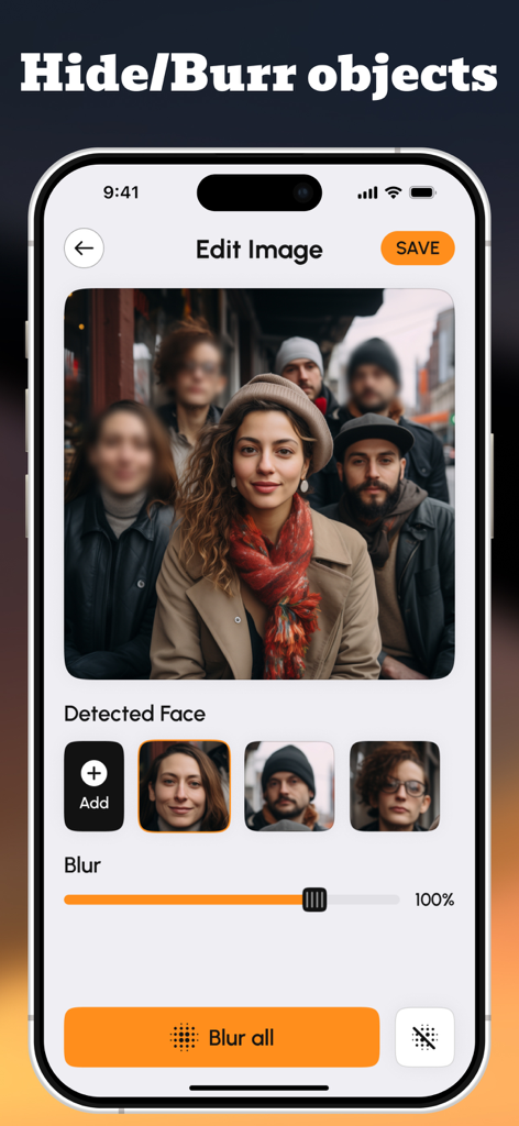 Aplicación Blur Face mostrando la herramienta de detección y desenfoque de rostros para fotos grupales