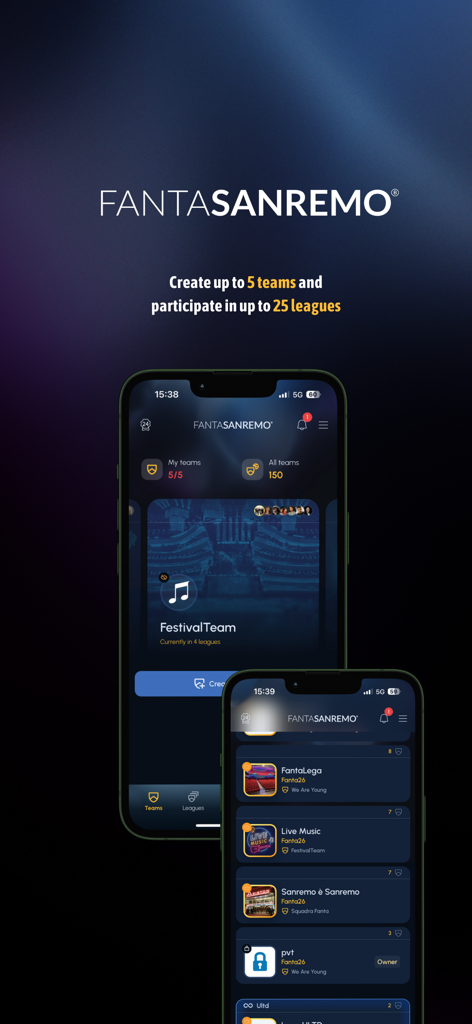 FantaSanremo - Panel de la aplicación FantaSanremo que muestra la gestión del equipo y la participación en la liga.