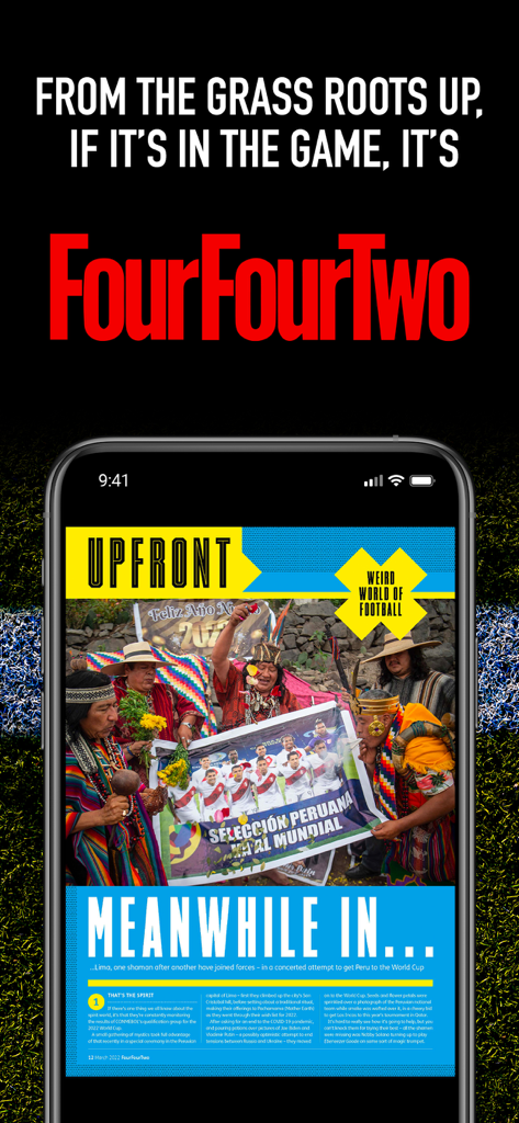 A smartphone screen showing the FourFourTwo Magazine digital edition featuring a story about Peruvian shamans and football.
