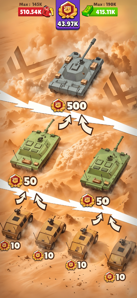 War Master : Strategy Battle - Progression screen showing small armored vehicles merging into larger tanks in a desert environment