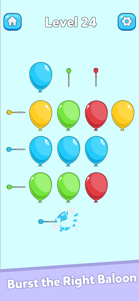 Un nivel de juego móvil donde los jugadores deben reventar los globos correctos con dardos en la aplicación Tricky Challenge.