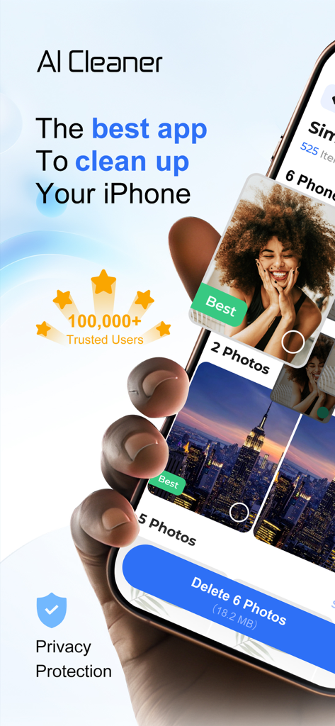 AI Cleaner：Phone Cleaner - AI Cleaner app interface on an iPhone showing the smart photo cleanup feature to delete duplicates and free up storage