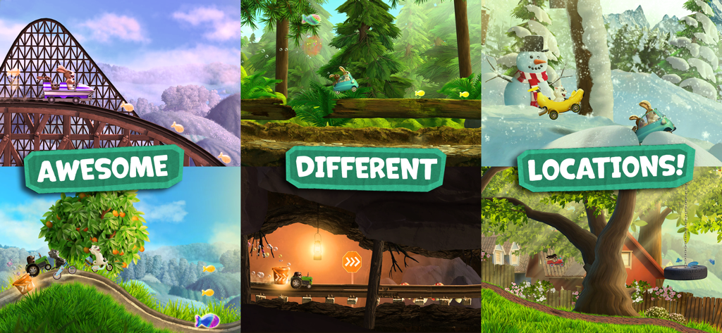 Pet Racing: Kids Go-Kart Game - A collage showing different racing tracks like forest, snow, and mines in Pet Racing Kids Go-Kart Game