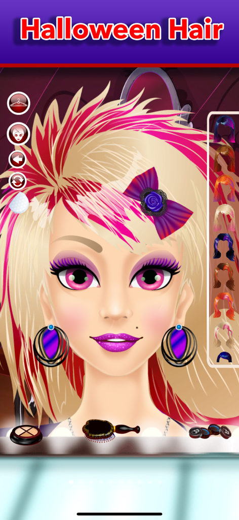 A girl character with blonde and pink streaks in her hair being styled in the Halloween hair salon game