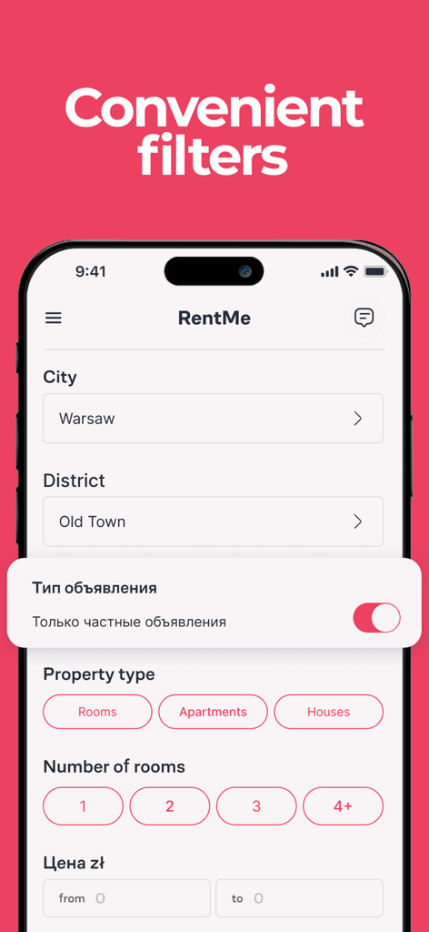 Interfaz de la aplicación móvil RentMe que muestra filtros de búsqueda de apartamentos para Varsovia, Polonia