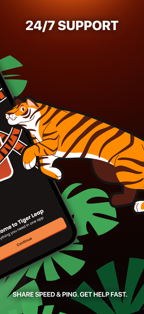 Tiger Leap Accelerator - Tiger Leap Accelerator 프로모션 화면, 24/7 지원 및 속도 공유 기능 강조 표시