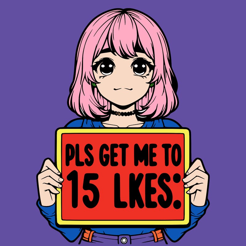 realistic girl holding up a sign that says “pls get me to 15 likes!”