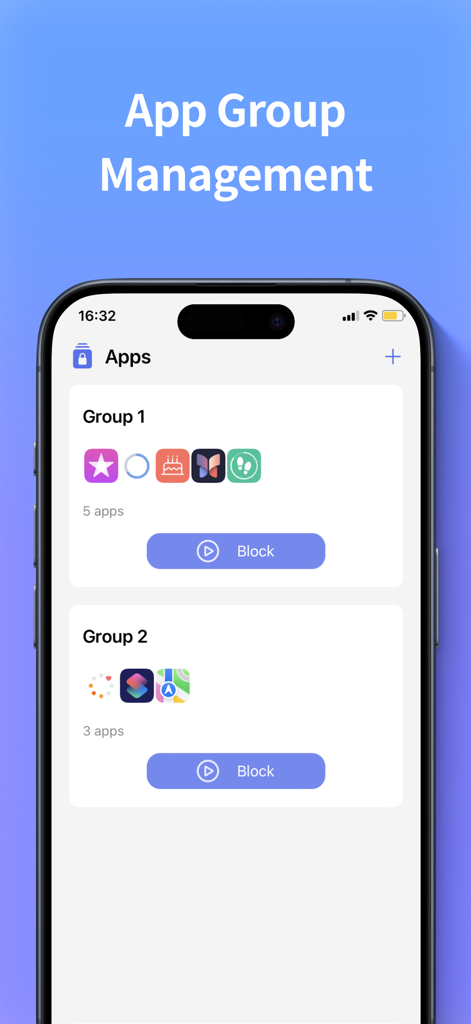 Screen Time Control - App Lock - Interface for managing and blocking groups of apps in the Screen Time Control app