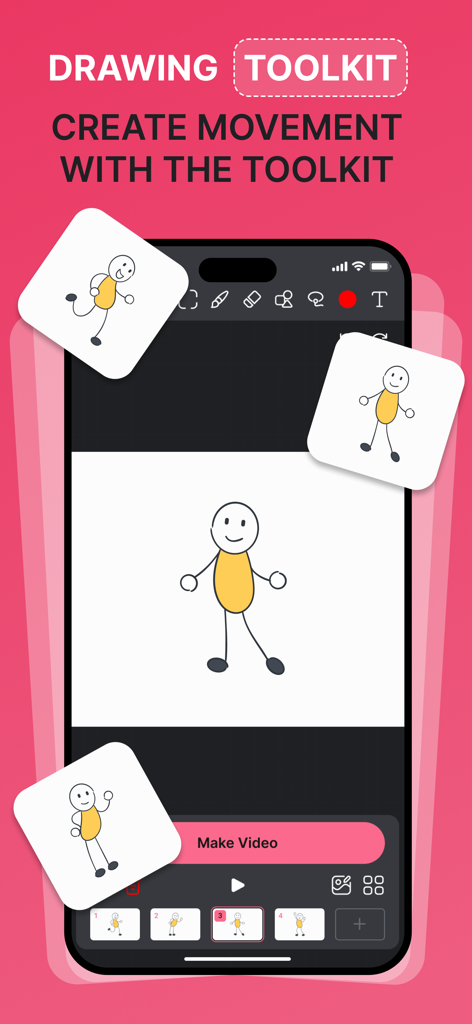 A smartphone showing the Animation Creator Flipbook 2D app interface with a stick figure drawing and animation frames
