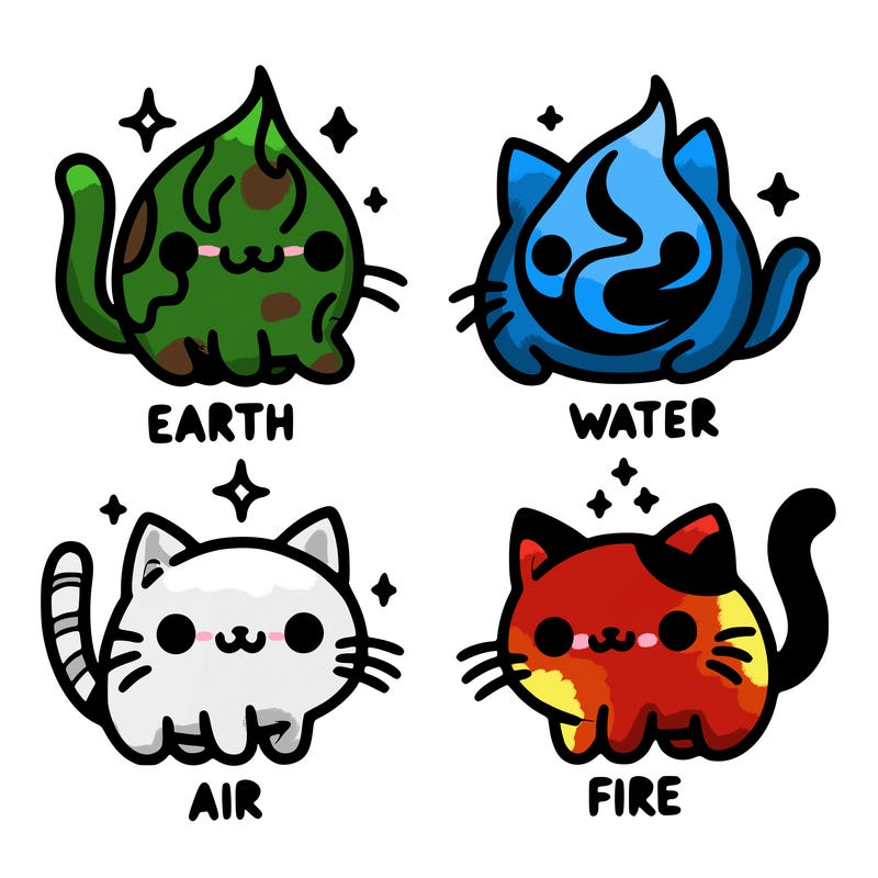 4 cats that represent the different elements, earth, water, air, and fire
