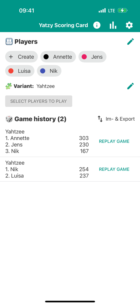 A screen from the Yatzy Scoring Card app showing the player selection section and a list of previous game results in the history.