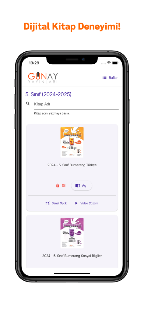 Interface of GÜNAY Mobil Kütüphane app showing 5th grade Turkish and Social Studies digital textbooks.