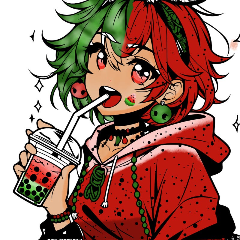 hot baddie anime girl drinking boba and biting the straw