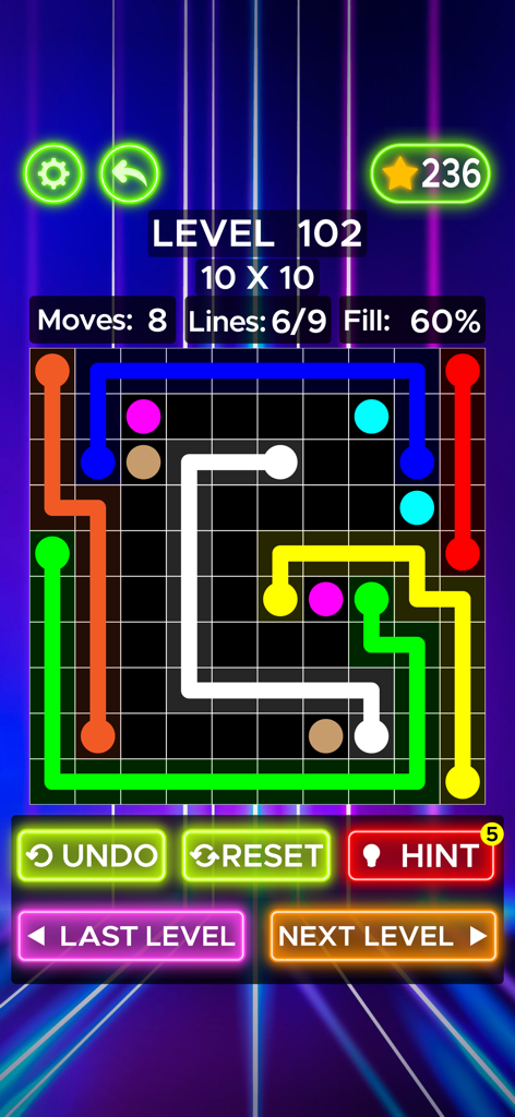 Pantalla de juego de Connect The Dots Color Dots que muestra un puzle de cuadrícula de 10x10 con líneas de colores conectando