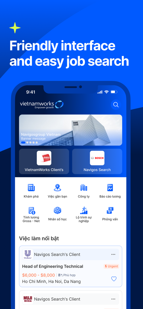 VietnamWorks mobile app home screen showing a friendly user interface for searching jobs and featured professional career opportunities in Vietnam