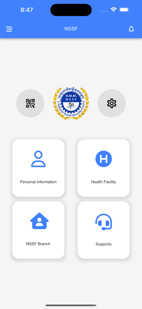 Panel de la aplicación Miembro NSSF que muestra accesos directos a Información Personal, Centro de Salud, Sucursal NSSF y Soporte.