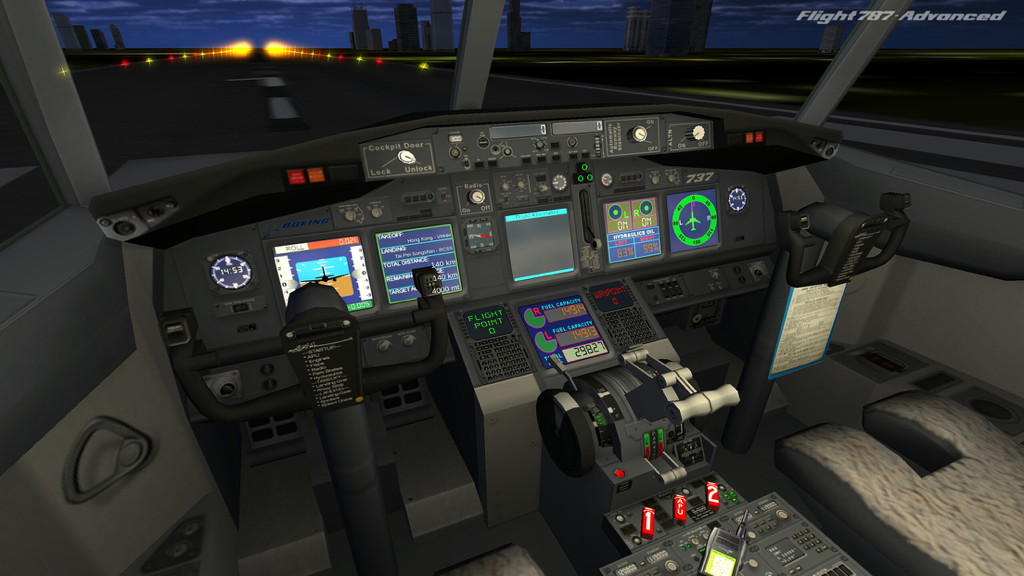 Flight 787 - Advanced - LITE - Detailed 3D cockpit view of a Boeing 737 simulator at night facing a runway