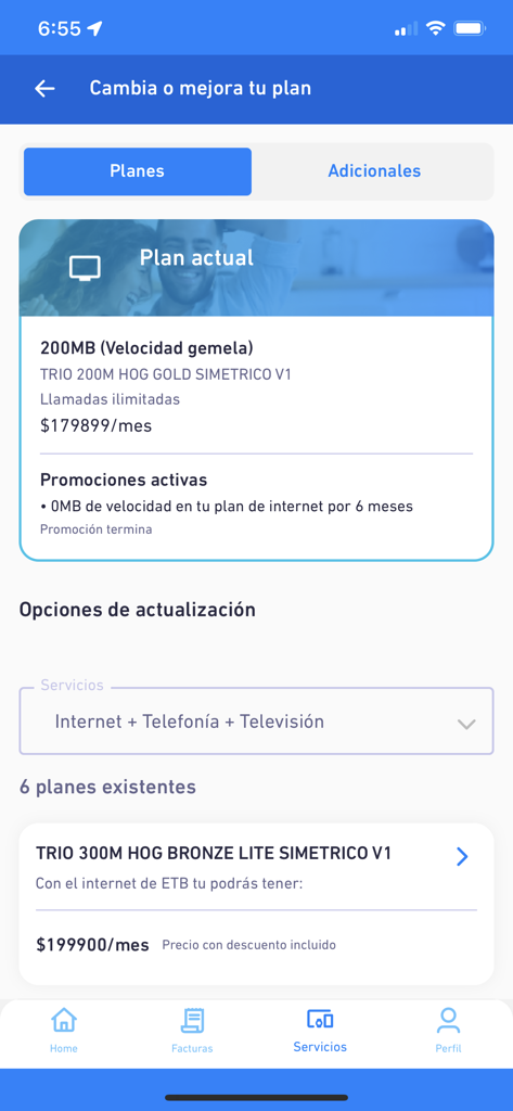 Mi ETB - Interface de l'application mobile pour Mi ETB montrant le forfait internet actuel et les options de mise à niveau