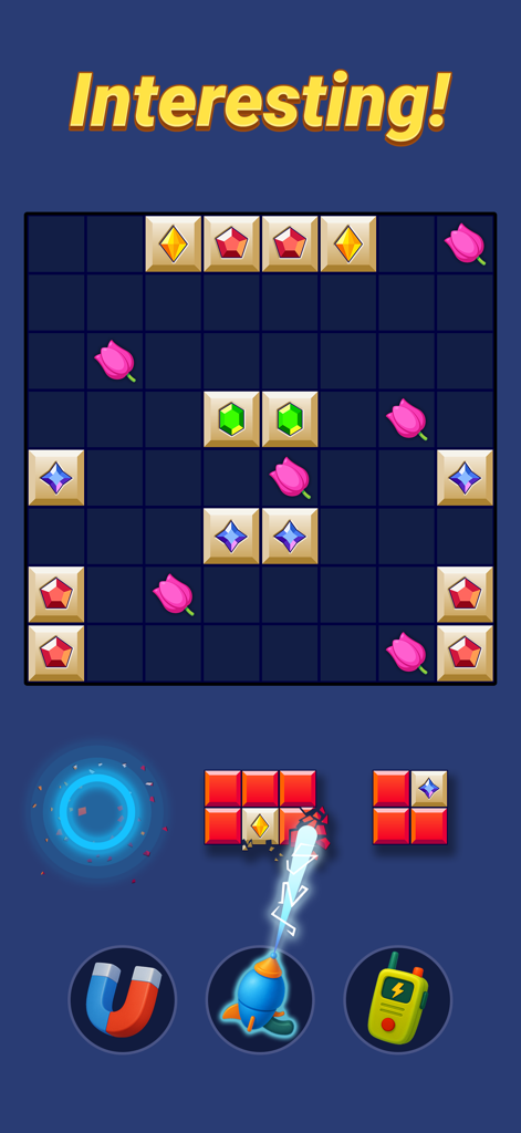 ブロックブレイカーパズルゲーム画面。宝石とパワーアップツールがある論理レベルを表示。