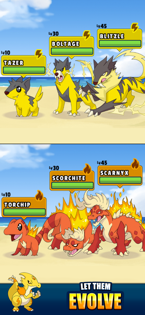 Dynamons World - ダイナモンズ・ワールドにおける電気タイプと火タイプのモンスターの進化段階