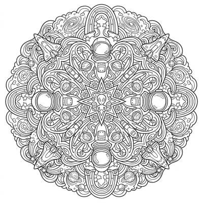 Dive into an extraordinary coloring experience with this psychedelic space sci-fi mandala. Its intricate design features astronauts, planets, and swirling cosmic patterns, inviting you to explore the universe with your colors.