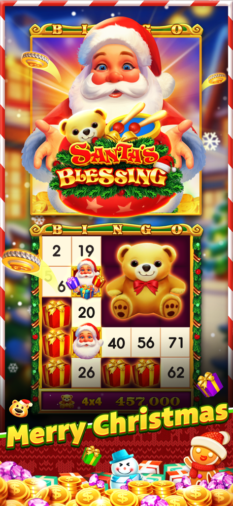 Live Party Bingo -Casino Bingo - Cartella del bingo a tema natalizio festoso di Live Party Bingo con Babbo Natale e ricompense per le feste