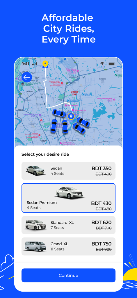 Garibook app interface showing vehicle categories and BDT pricing for city rides in Dhaka