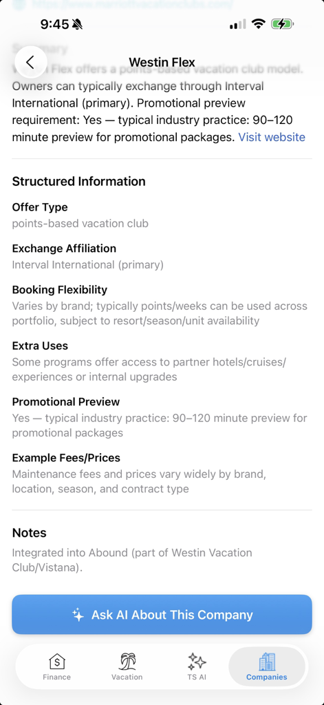 Timeshare Calculators with AI - A screen showing structured information about the Westin Flex timeshare company and a button to ask AI for more details.